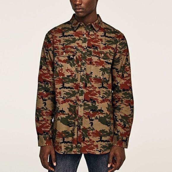 Zara Man Camo Denim Shirt Brown Embroidered Tiger Relaxed Fit Casual Mens Small - Picture 11 of 11